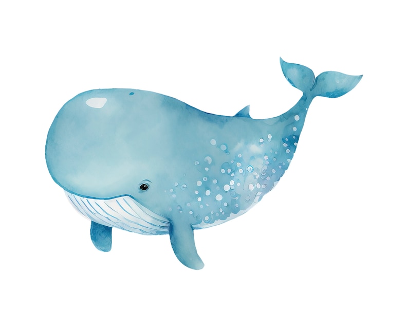 Pode incluir: Uma pintura em aquarela de uma baleia azul sobre um fundo branco. A baleia tem um corpo azul claro com manchas brancas e uma cauda azul escura.