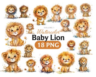 Ilustração de leão bebê em aquarela, arte animal em PNG (download digital)