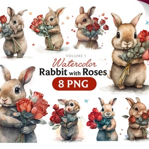Aquarell Kaninchen mit Rosen, Kaninchen mit Rosen Clipart, Kaninchen mit Rosen PNG, Kaninchen Clipart, Kaninchen hält eine Rose, Kaninchen, digital