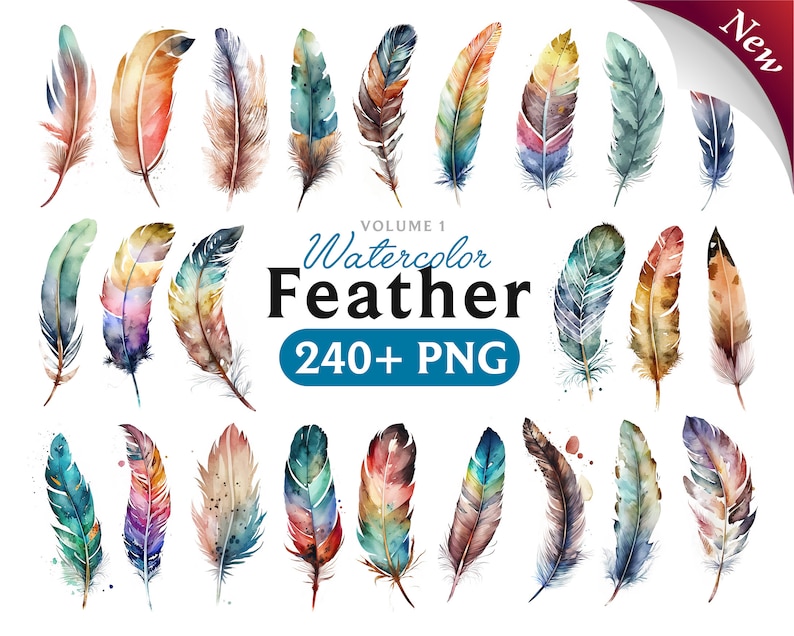 May include: A collection of 240+ watercolor feathers in various colors and designs. The feathers are arranged in rows and are perfect for digital scrapbooking, crafting, and other creative projects.
