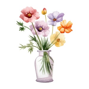 May include: Watercolour painting of a floral arrangement in a clear glass vase. The bouquet features pink, purple, yellow, and orange flowers with green stems and leaves. The vase has a soft purple tint.