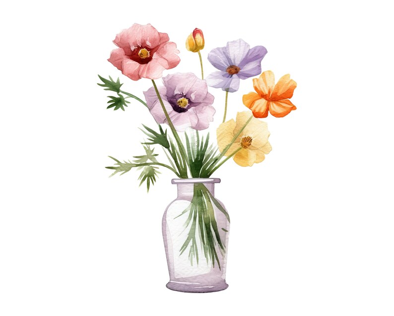 May include: Watercolour painting of a floral arrangement in a clear glass vase. The bouquet features pink, purple, yellow, and orange flowers with green stems and leaves. The vase has a soft purple tint.