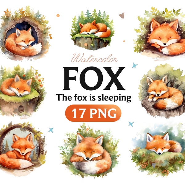 Cute Sleeping Fox Clipart PNG, Watercolor Baby Fox Clip Art PNG Digital Art, Commercial Use, POD Allowed, Fox Illustration, Nursery Art