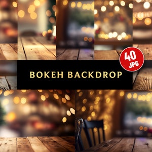 Puede incluir: 40 JPG Bokeh Backdrop - Un conjunto de 10 fondos digitales con un efecto bokeh borroso, luces cálidas y doradas y una superficie de mesa de madera. Perfecto para crear fotos de productos festivas o acogedoras.