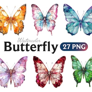 Clipart de borboleta PNG, borboleta em aquarela e clipart de flores, ilustrações de pacote de borboleta