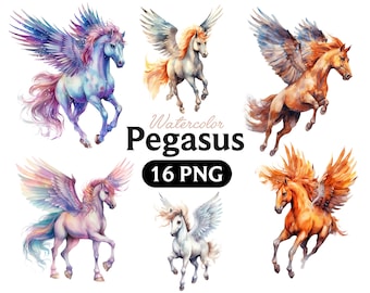 May include: Watercolor illustration of 16 different Pegasus horses with wings. The horses are in various poses and have different colored wings and manes. The text "Watercolor Pegasus 16 PNG" is written in black at the bottom of the image.