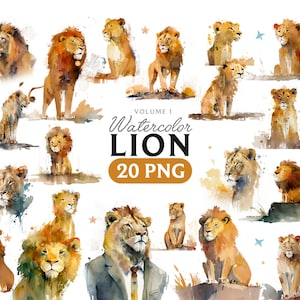 Leão aquarela, clipart de leão, PNG de leão, clipart de leão, arte de leão, leão, digital, animal, Volume 1