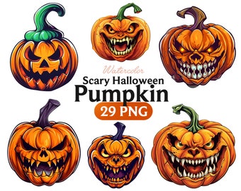 Watercolor Scary Jack O' Lantern Clipart: Halloween Pumpkin PNG (Digital Download)