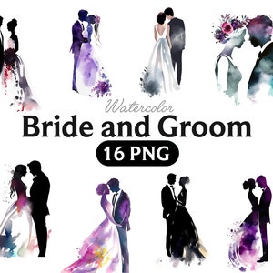 花嫁と花婿の水彩画クリップアート バンドル、透明 PNG、結婚式のロマンチックなクリップアート、デジタル ダウンロード