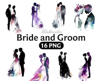 Bride and Groom Watercolor Clipart Bundle, Transparent PNG, Wedding Romantic clipart, Digital Download