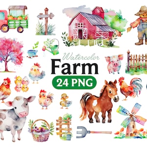 Cute Farm Clipart, Farm Animals Watercolor Digital Clipart