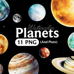Aquarelle planètes Clipart, téléchargement du système solaire, téléchargement immédiat, aquarelle planètes graphiques, Mars, terre, Jupiter, Saturne