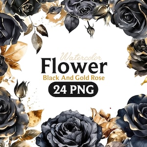 Flores pretas, brancas e douradas PNG, buquês de clipart floral aquarela, elementos