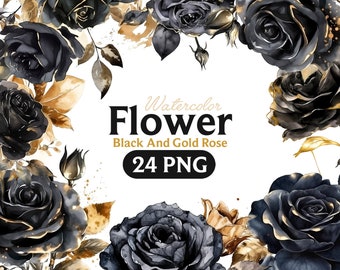 Noir blanc et or fleurs PNG, aquarelle Clipart Floral Bouquets, éléments