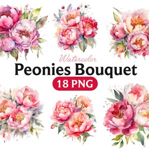 Pink & White Peonies Clipart, White Flower Clipart, Floral PNG, Watercolor Peonies, Transparent Background PNG, Spring Clipart