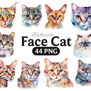 Pode incluir: Uma cole&ccedil;&atilde;o de pinturas de aquarela de rostos de gatos. As pinturas s&atilde;o de v&aacute;rias cores e estilos, incluindo tigrado, calico e siam&ecirc;s. O texto "Watercolor Face Cat 44 PNG" est&aacute; escrito em letras pretas sobre um fundo branco.