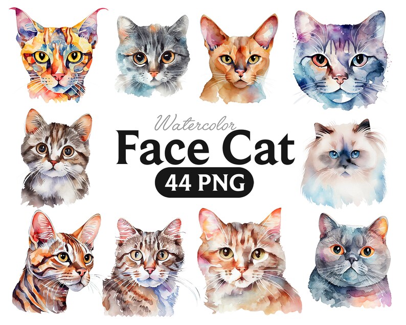Pode incluir: Uma cole&ccedil;&atilde;o de pinturas de aquarela de rostos de gatos. As pinturas s&atilde;o de v&aacute;rias cores e estilos, incluindo tigrado, calico e siam&ecirc;s. O texto "Watercolor Face Cat 44 PNG" est&aacute; escrito em letras pretas sobre um fundo branco.