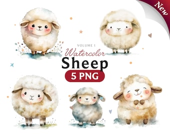 Watercolor Sheep Clipart, Animal PNG Set (5 Files)