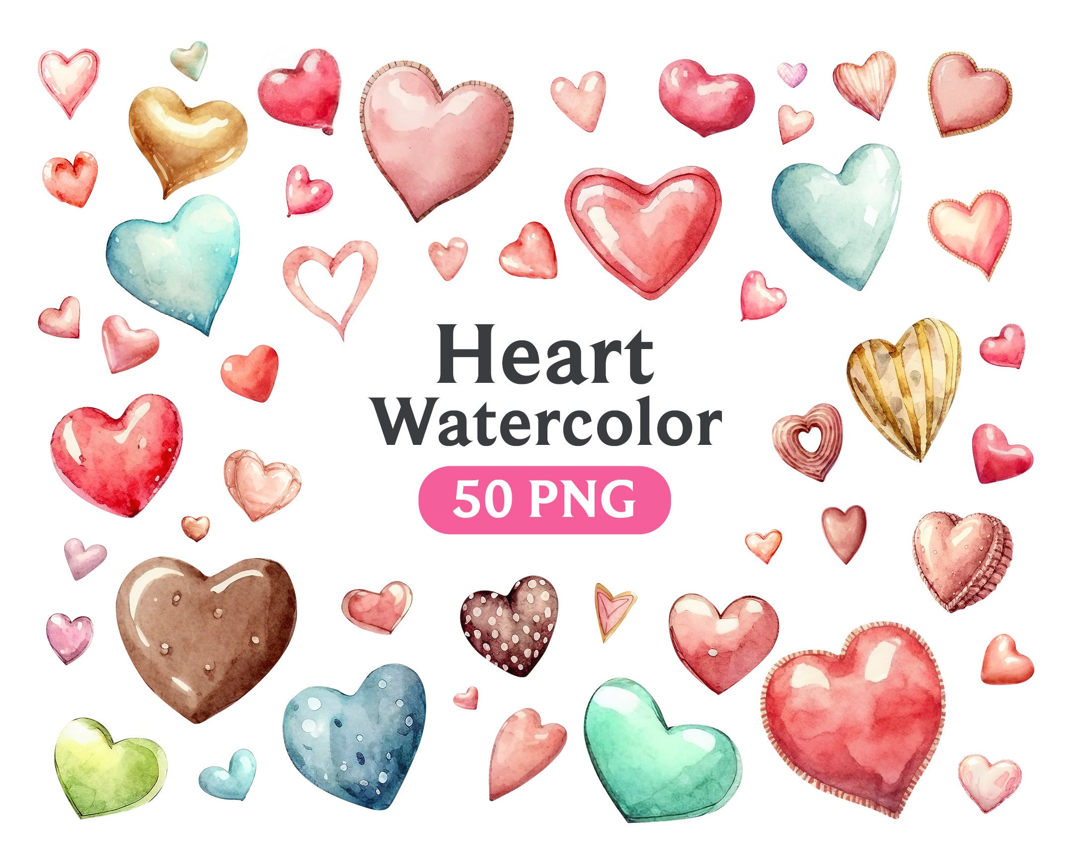 Watercolor Hearts Clipart: Valentine's Day PNG Set (50 Files) (digital ...