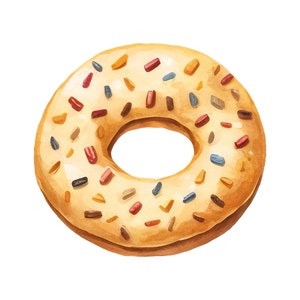 May include: A glazed donut with colorful sprinkles. The donut is light brown and has a hole in the center.
