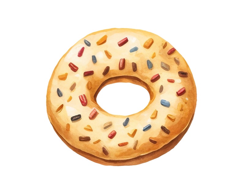 May include: A glazed donut with colorful sprinkles. The donut is light brown and has a hole in the center.