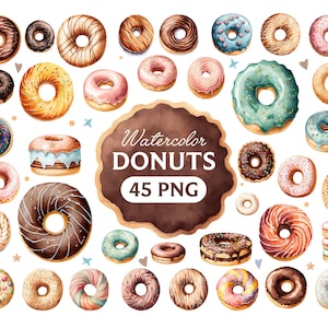 May include: A collection of 45 watercolor illustrations of donuts in various colors and designs. The donuts are decorated with sprinkles, chocolate, and frosting. The text "Watercolor Donuts 45 PNG" is written in a brown circle.