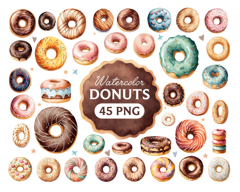 May include: A collection of 45 watercolor illustrations of donuts in various colors and designs. The donuts are decorated with sprinkles, chocolate, and frosting. The text "Watercolor Donuts 45 PNG" is written in a brown circle.