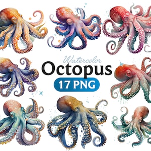 Octopus Watercolor Clipart Bundle, octopus, octopus png, octopus watercolor, octopus decor, octopus shower, Animal