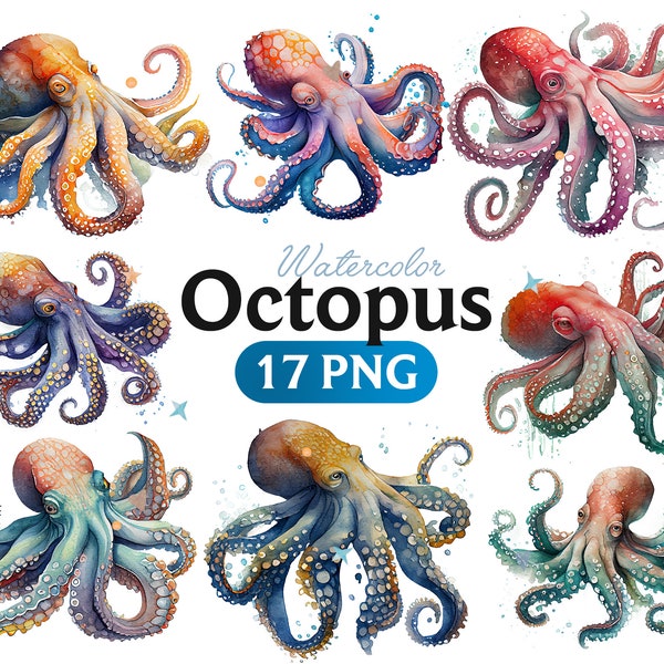 Octopus Watercolor Clipart Bundle, octopus, octopus png, octopus watercolor, octopus decor, octopus shower, Animal