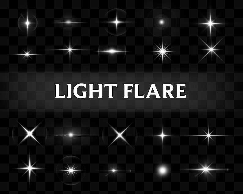 May include: A collection of 20 white light flares on a black and white checkered background. The text "LIGHT FLARE" is in the center of the image.