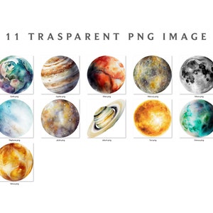 May include: Watercolor illustrations of the planets in our solar system, including Earth, Jupiter, Mars, Mercury, Moon, Neptune, Pluto, Saturn, Sun, Uranus, and Venus.