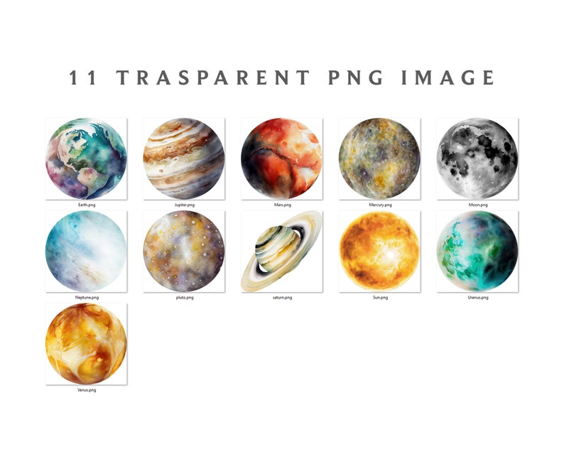 May include: Watercolor illustrations of the planets in our solar system, including Earth, Jupiter, Mars, Mercury, Moon, Neptune, Pluto, Saturn, Sun, Uranus, and Venus.