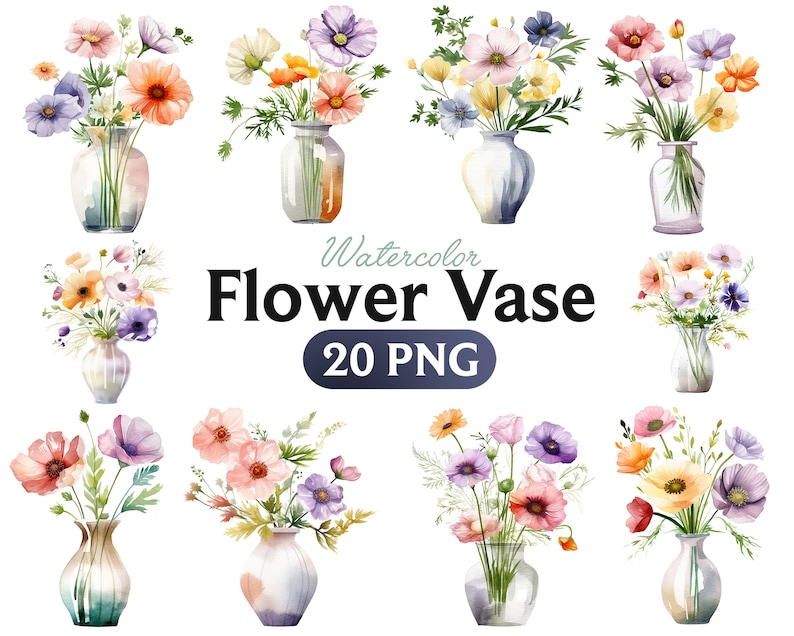 May include: Watercolour illustrations of flower vases. Each vase contains a bouquet of colourful flowers in shades of orange, purple, pink, and yellow. The text "Watercolor Flower Vase 20 PNG" is displayed.