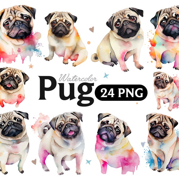 Pug Clipart, Pug Watercolor Clipart, Cute Dog Nursery Decor Wall Art, Little Pet Doggie Animal