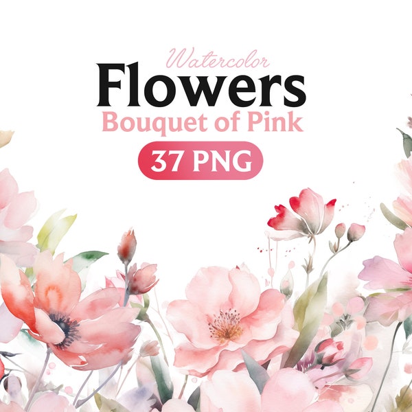 Pink Flowers PNG, Watercolor Floral Clipart Bouquets, Elements, Commercial Use, Digital clipart PNG