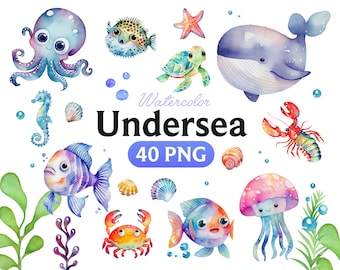 Watercolor Ocean Animals Clipart, Undersea Nursery Art (40 PNG)