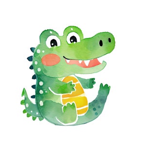 May include: A watercolor illustration of a green crocodile with a yellow belly, smiling with its mouth open, and white teeth. The crocodile has black eyes and a pink blush on its cheeks.