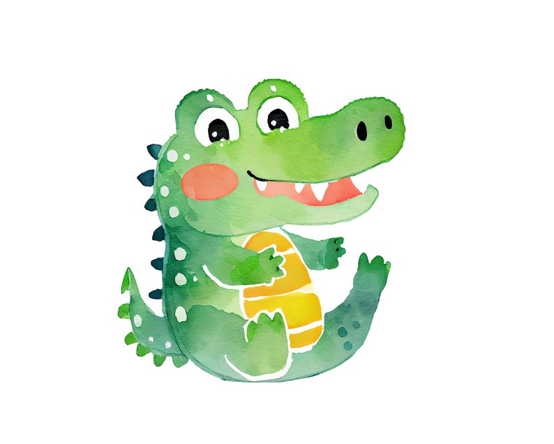 May include: A watercolor illustration of a green crocodile with a yellow belly, smiling with its mouth open, and white teeth. The crocodile has black eyes and a pink blush on its cheeks.