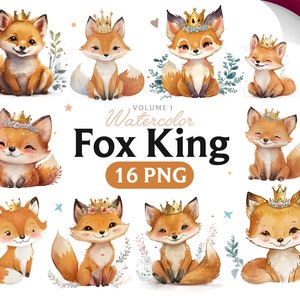 Renard aquarelle Clipart, graphiques de douche de bébé mignon, pépinière Decor Wall Art, Animal des bois