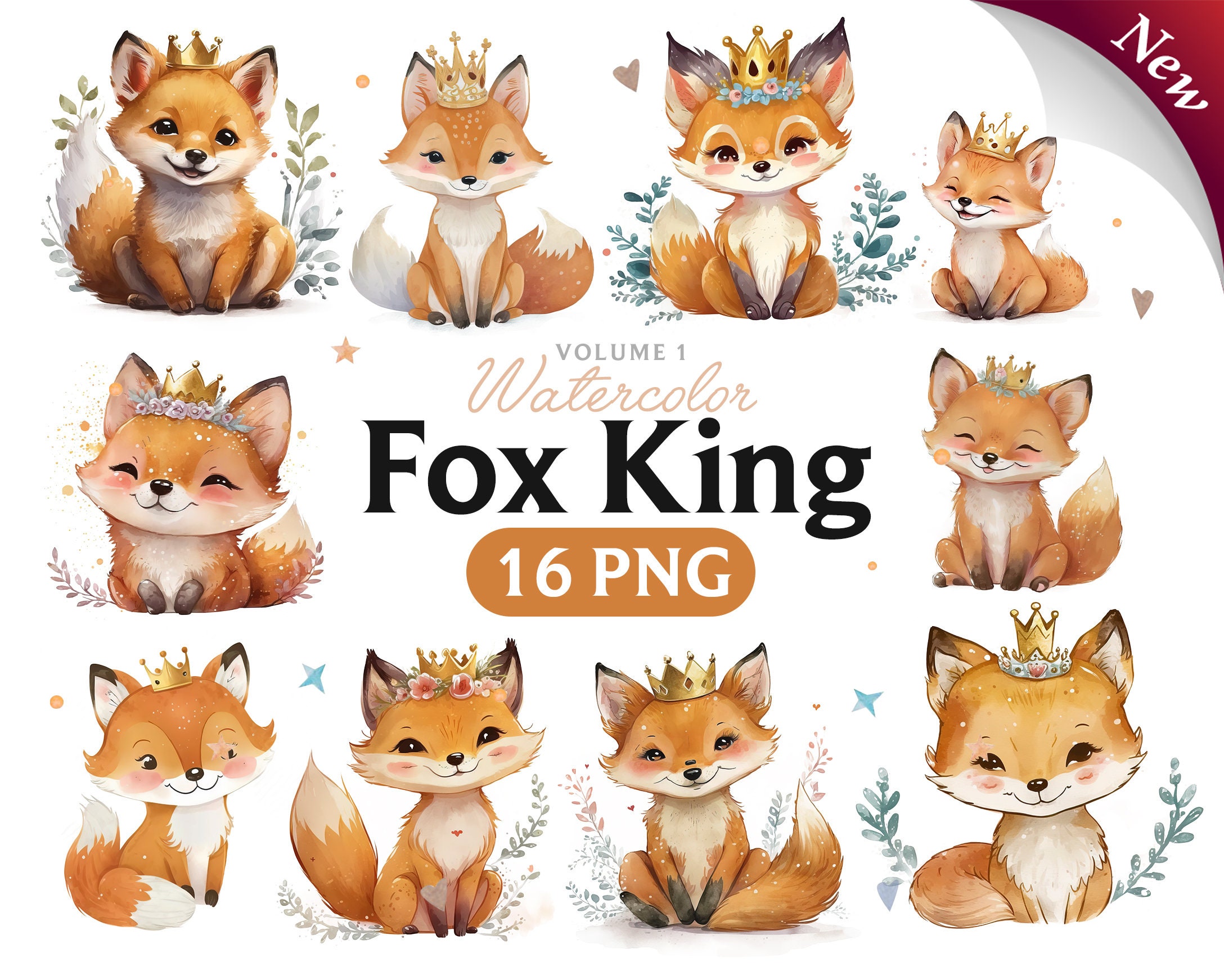 Fox Watercolor Clipart, Cute Baby Shower Graphics, Nursery Decor Wall Art, Woodland Animal