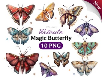 Watercolor Moth Clipart: Fantasy Witchcraft PNG Bundle (Digital Download)