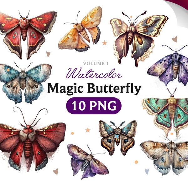 Papillons magiques aquarelle Clipart, papillons de nuit Fantasy style, clipart magique, sorcellerie Bundle PNG, Wiccan, mystique, papillon magique, téléchargement