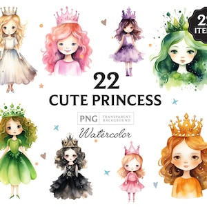 Watercolor Cute Princess PNG Bundle, Digital Crafts Designs Transparent, Princess Clipart, Adorable Princess Clipart, Commercial Use, PNG