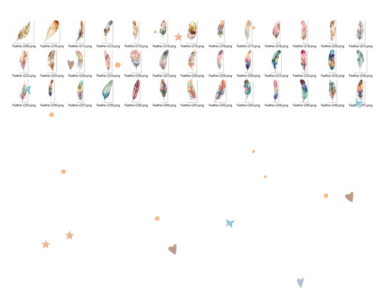 May include: A collection of watercolor illustrations of feathers in various colors and patterns. The illustrations are arranged in a grid pattern on a white background. Some of the illustrations include small decorative elements such as stars and hearts.