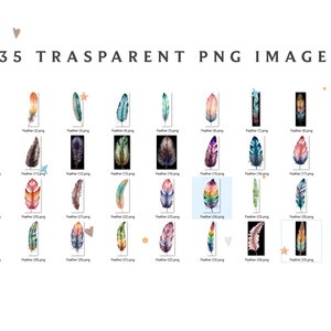 K&ouml;nnte beinhalten: 35 Aquarell-Feder-Illustrationen in verschiedenen Farben und Mustern. Die Federn sind in einem Rastermuster auf wei&szlig;em Hintergrund angeordnet. Der Text "35 Transparent PNG Image" befindet sich oben im Bild.