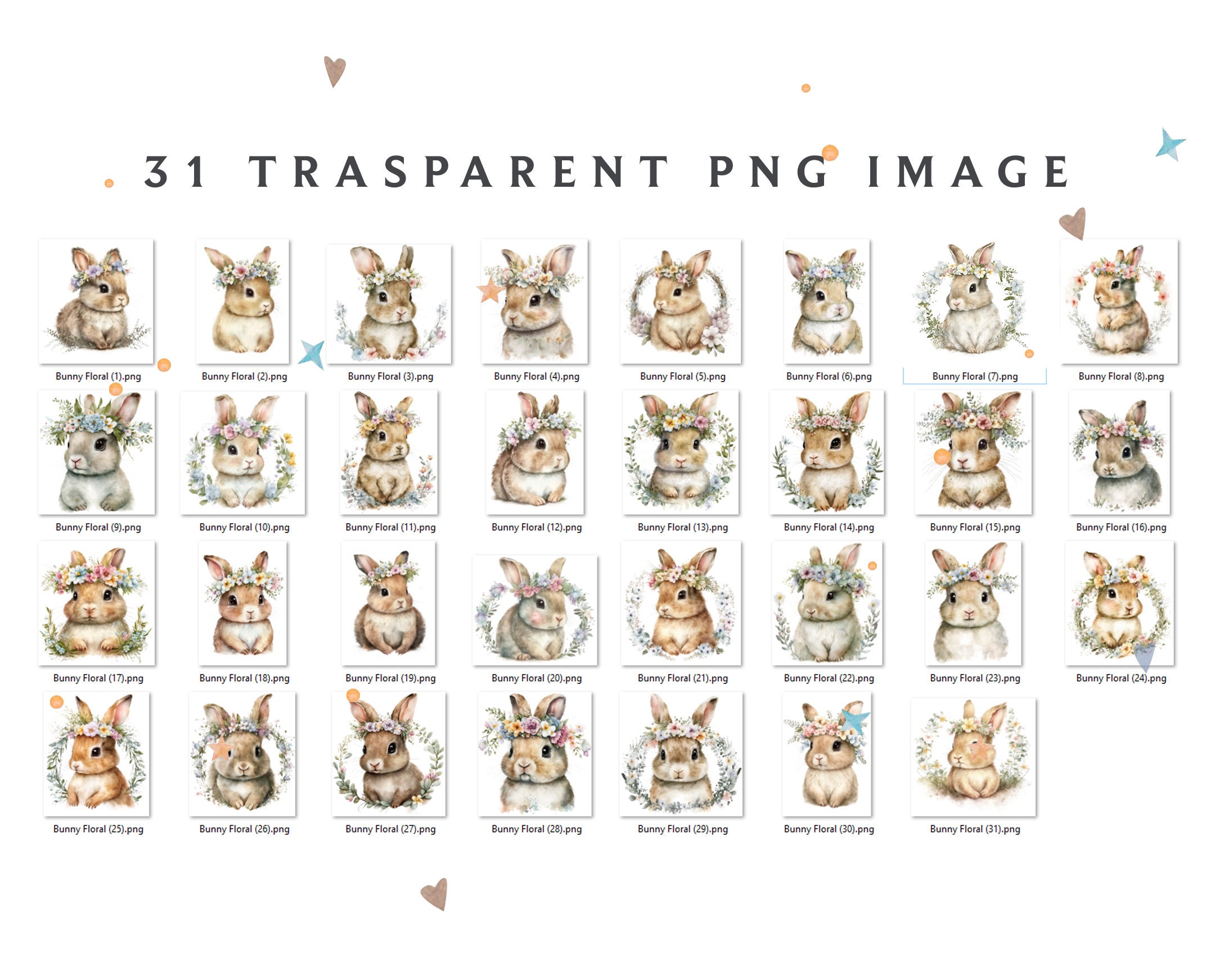 Watercolor Easter Bunny Clipart: Floral Spring Rabbit PNG (31 Files ...