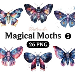 Magische Nachtfalter Aquarell Clipart, Nachtfalter Fantasy-Stil, magische Clipart, Hexerei Bundle PNG, Wiccan, mystisch, magischer Schmetterling, Download 3