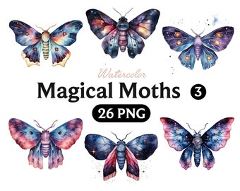 Watercolor Magical Moths Clipart: Fantasy Witchcraft PNG Bundle (Digital Download)
