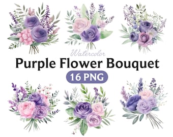 Purple Flower Watercolor Clipart: Floral Bouquet PNG Bundle (Commercial Use)