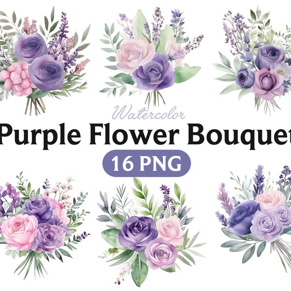 Purple Flowers PNG, Watercolor Floral Clipart Bundle Includes Bouquets, Drops and Elements, Small Commercial Use
